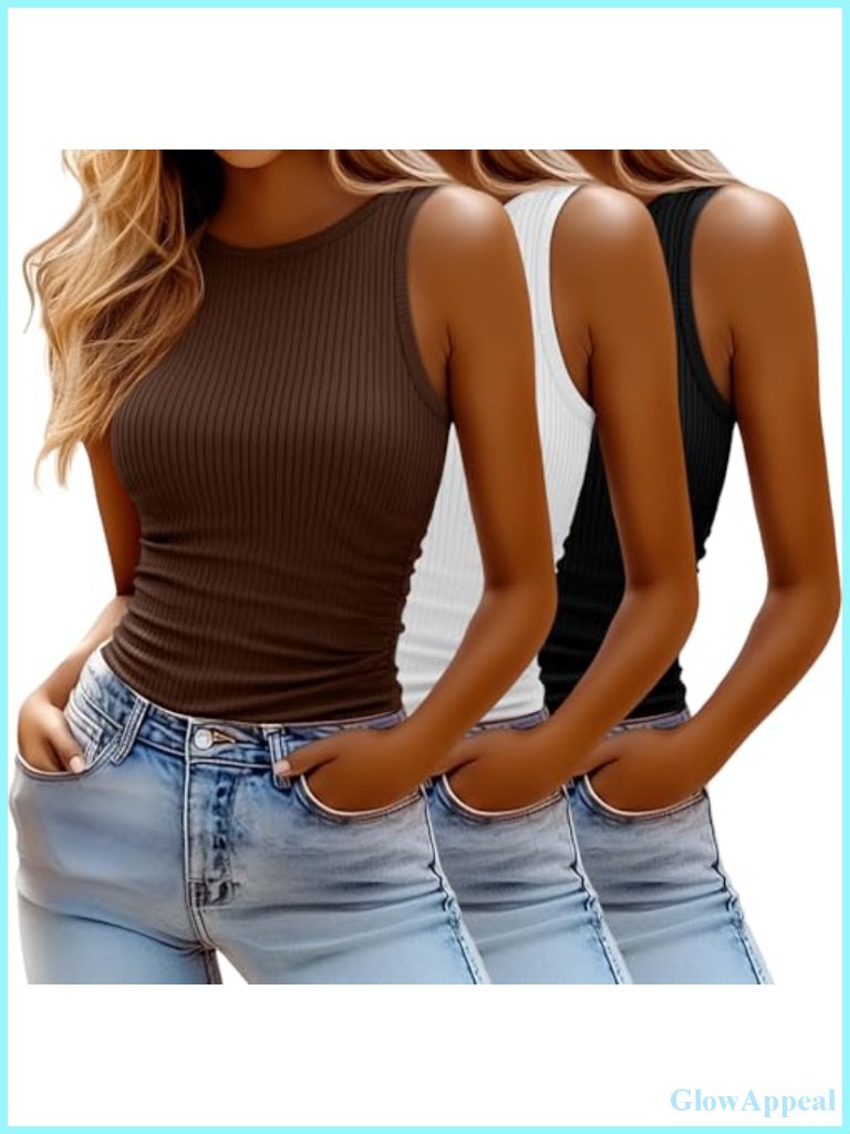 3 Pack Ribbed Knit Slim Fit Racerback Tank Tops With Side Ruched